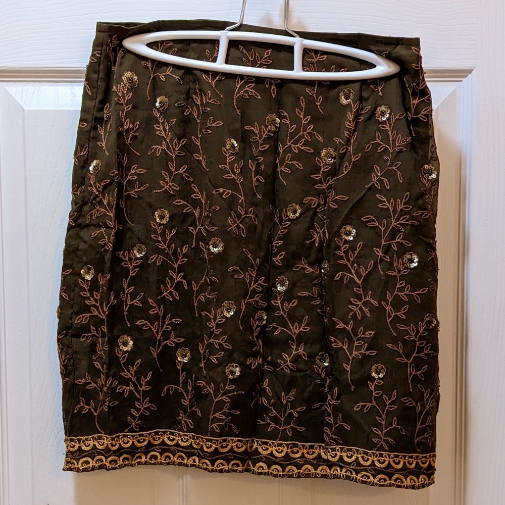 Vintage Express Boho Olive Green and Gold Silk Embroidered Skirt with Beading